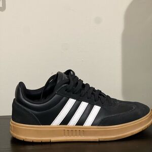 Adidas Women's Black Sneakers with White Stripes and Tan Sole